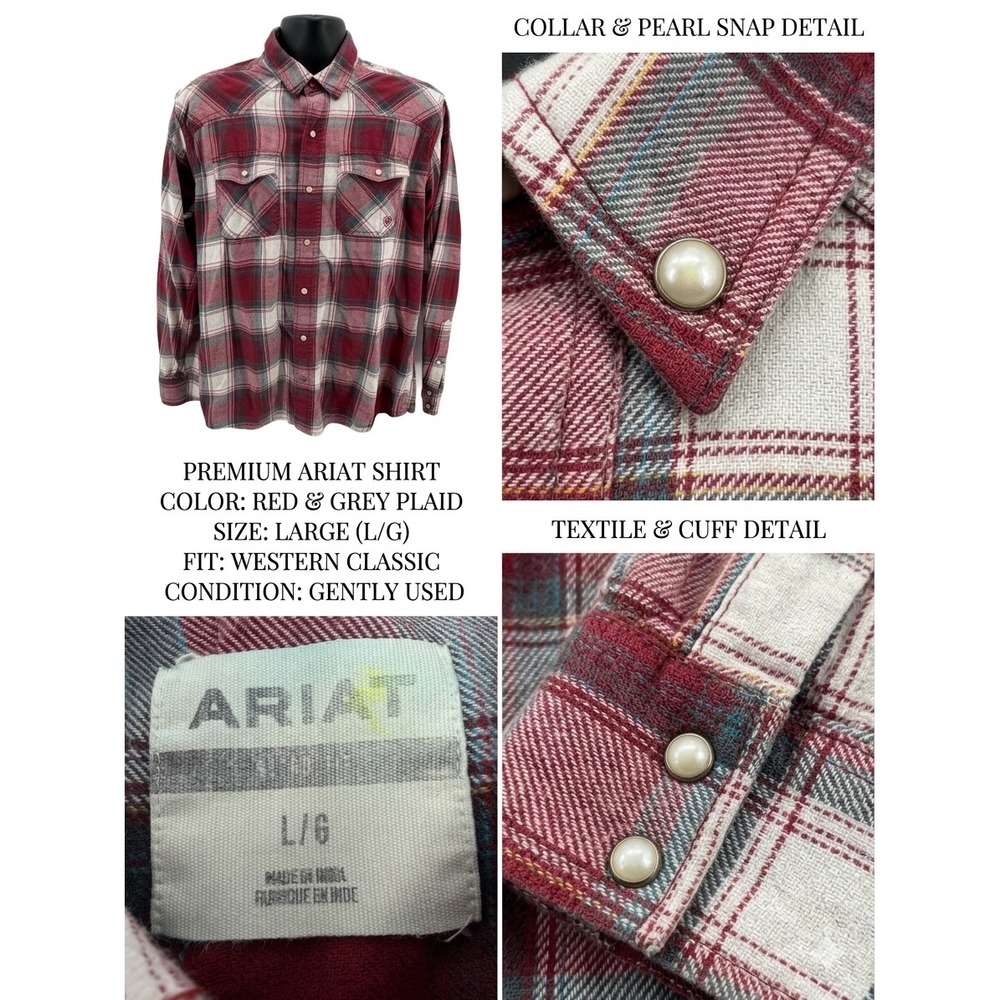 Ariat Men's Large Western Pearl Snap Flannel Shirt Red Plaid‎ Long Sleeve Retro